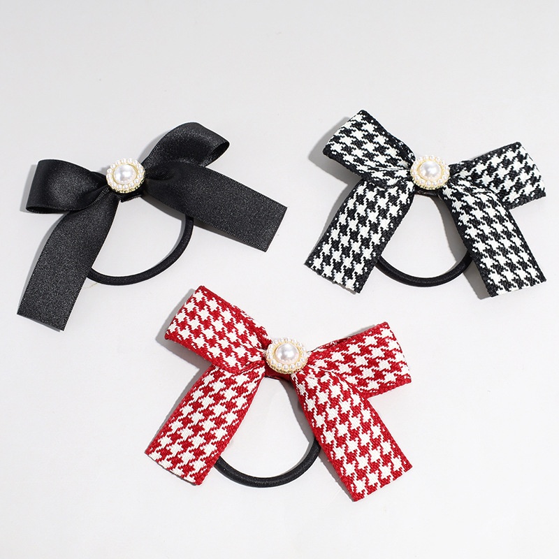 Women's Pearl Bow Cloth Hair Tie French Retro Houndstooth Plaid