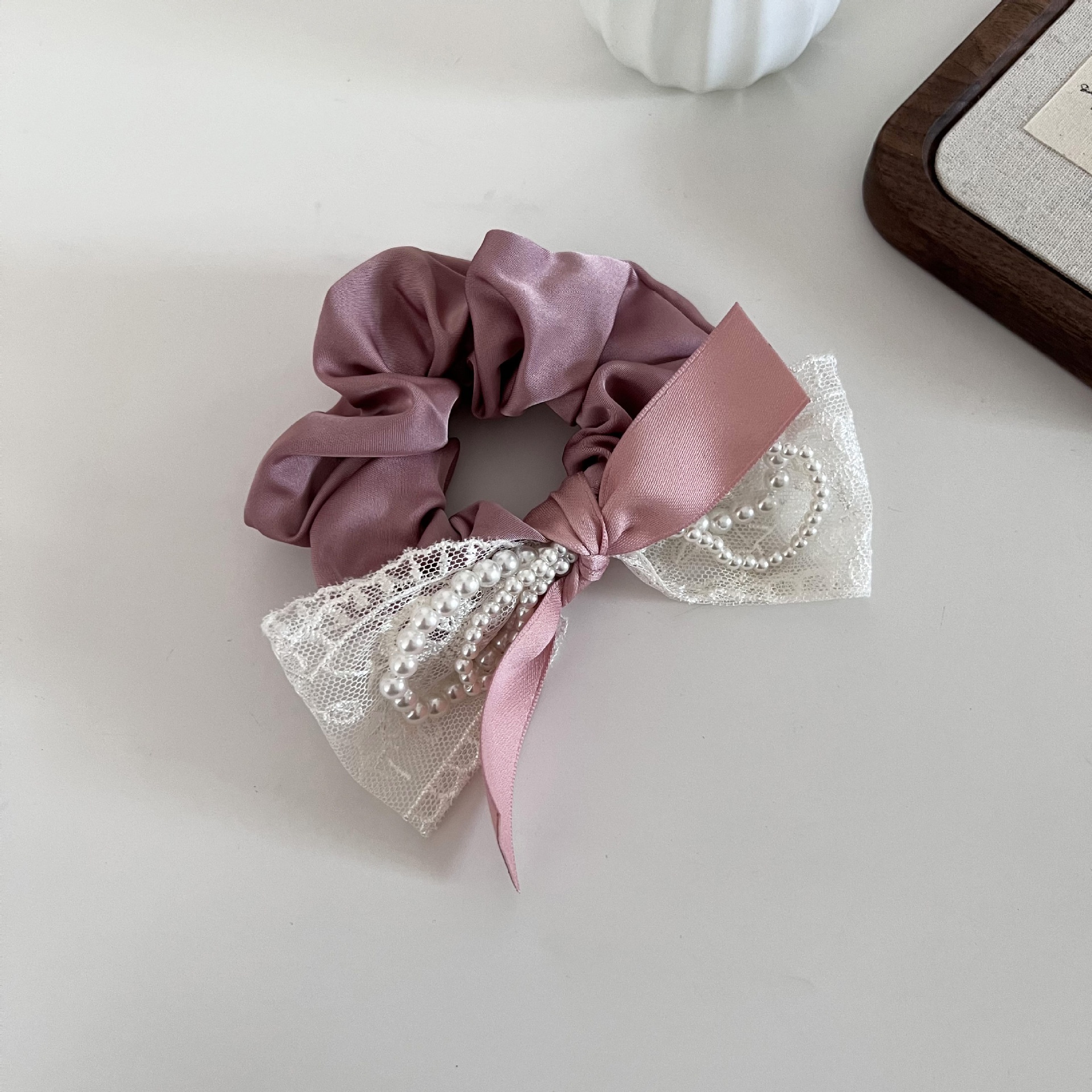 Women's Elegant Lace Pearl Ponytail Elastic Hair Tie Bowknot Pink Black