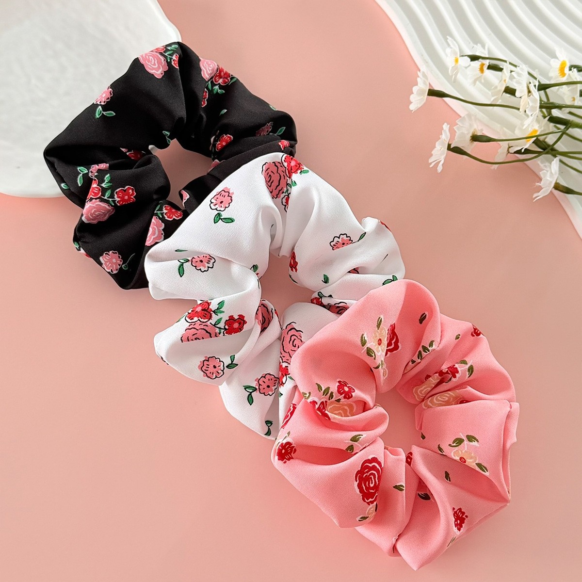 Women's Valentine Fabric Elastic Hairband Scrunchies Rose Pink White Black