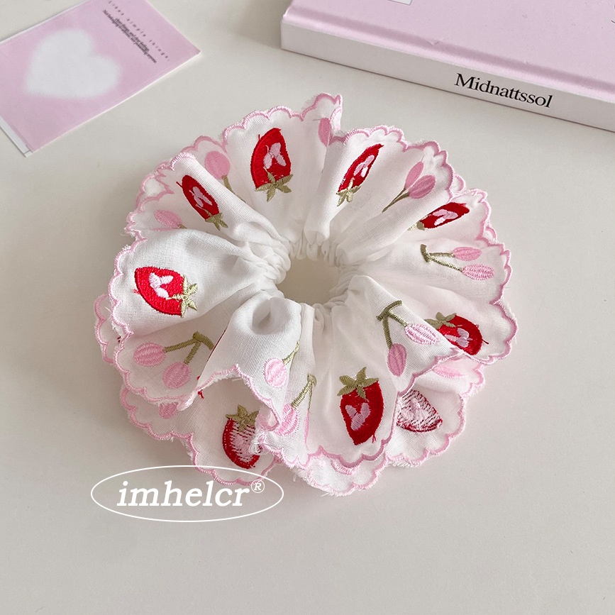 Women's Spring Cloth Telephone Cord Hair Tie Pink Embroidered Strawberry