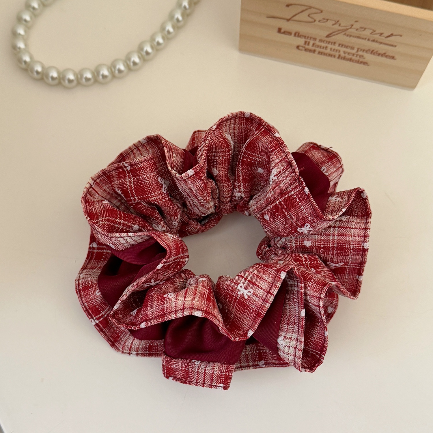 Women Casual Cloth Two-Layer Bowknot Hair Scrunchie Red Black Plaid