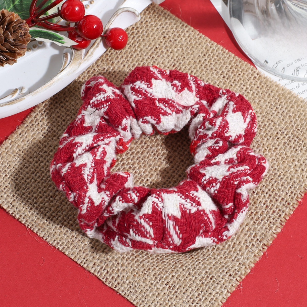 Women's Autumn Winter Fluffy Knit Hair Scrunchie Classic Red Plaid