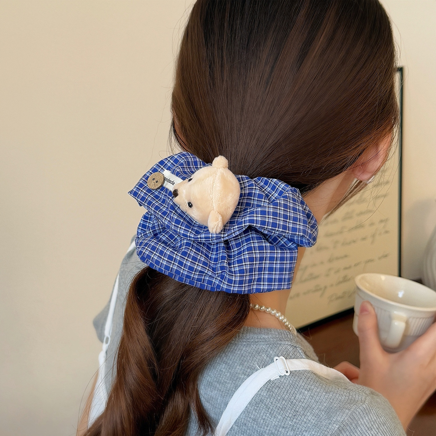 Women's Stylish Cloth Bowknot Scrunchie Blue Plaid Bear Pattern