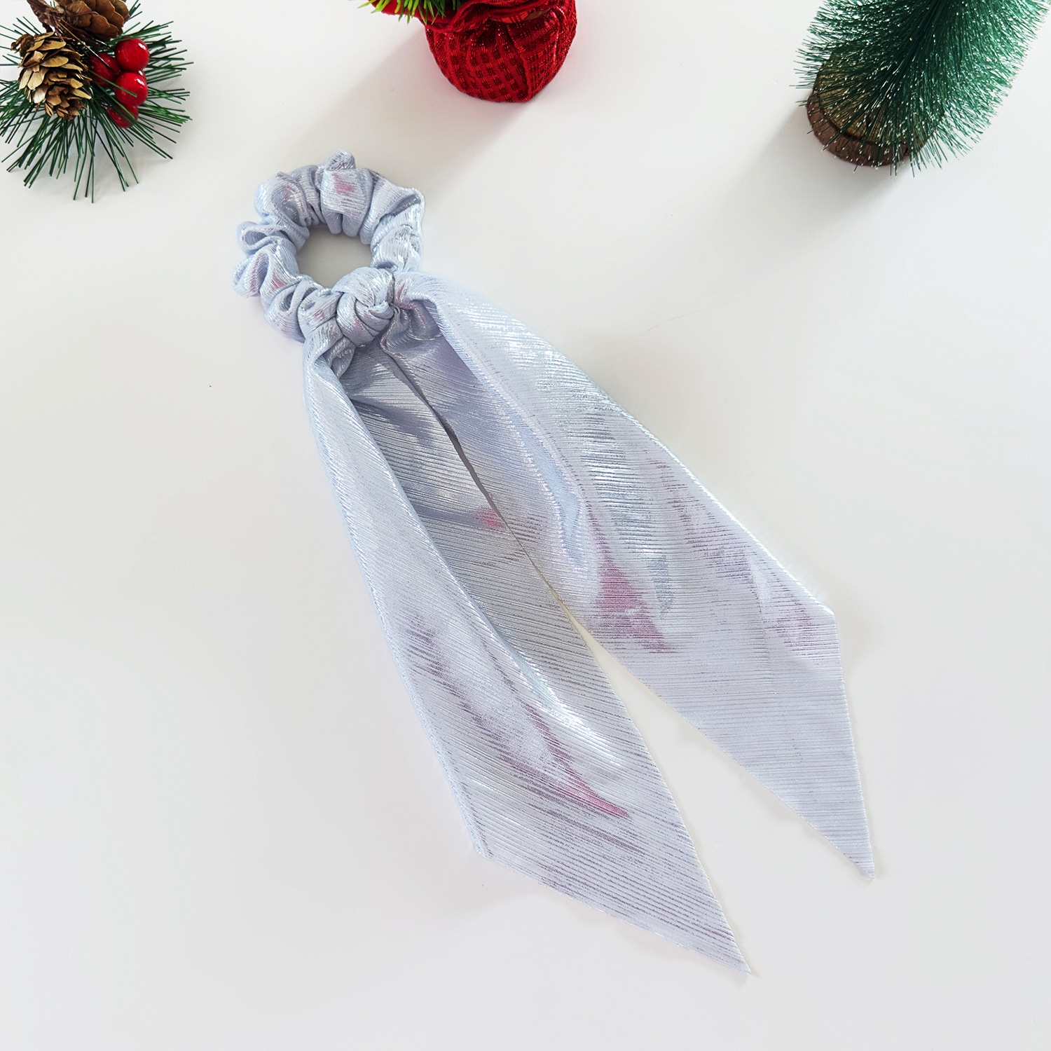 Female Christmas Long Sash Bowknot Hair Tie Shiny Thread Cloth