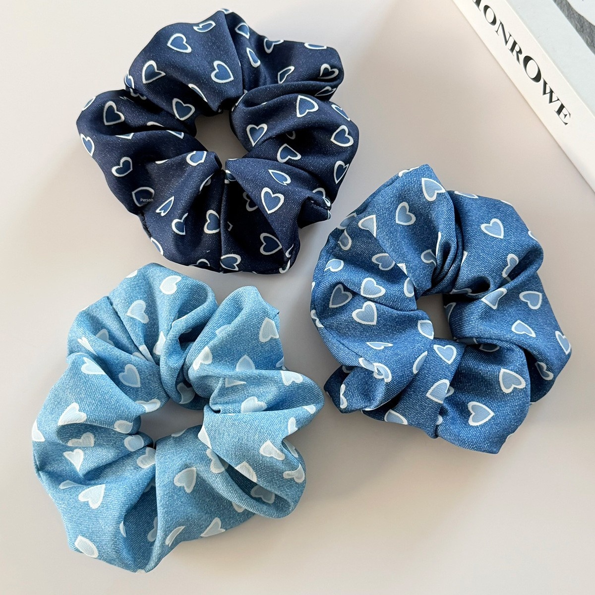 Women's Vintage Denim Hair Tie Band Accessory Blue Heart Shaped Print