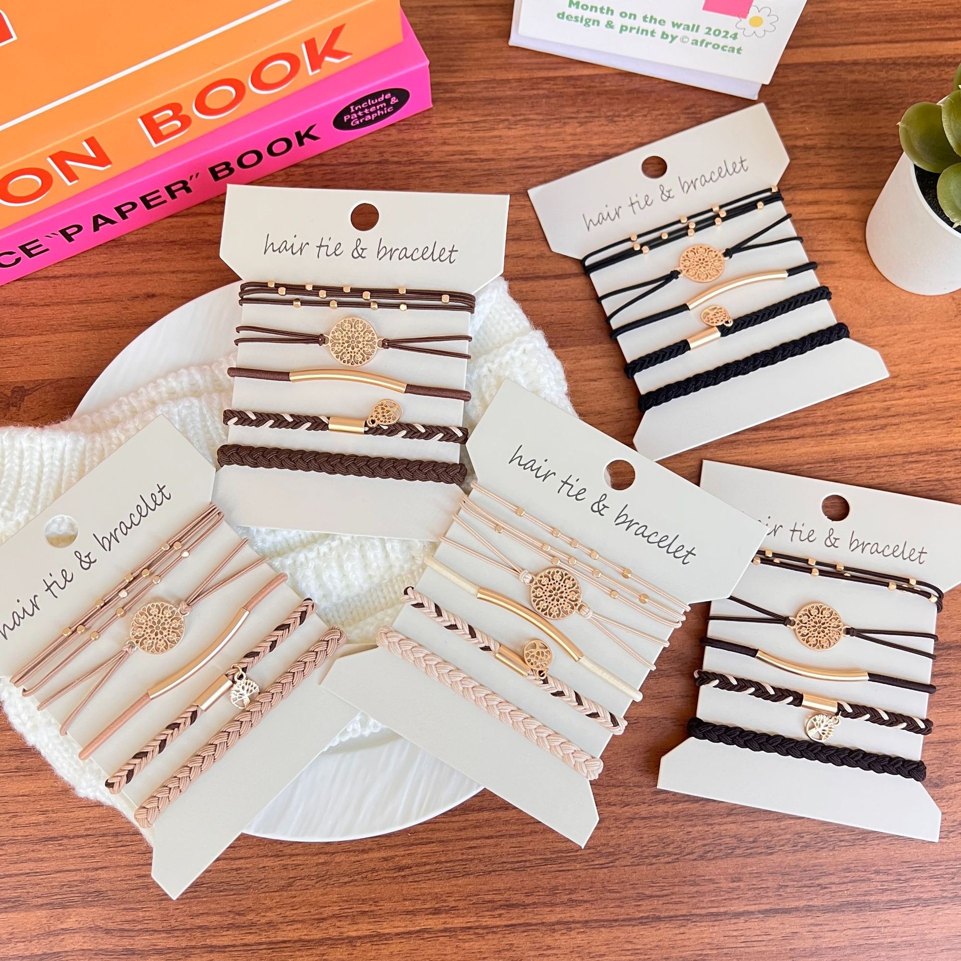 Women's 5Pcs Brown Metal Tree of Life Elastic Hair Tie Bracelet Set