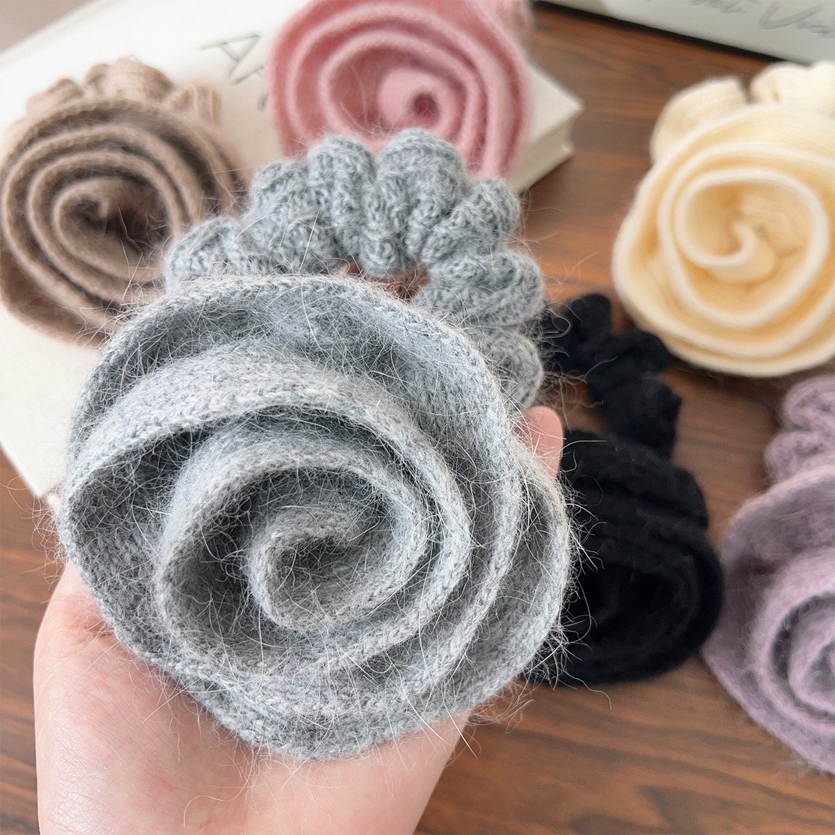 Women's Casual Winter Rabbit Hair Big Scrunchie Rose Pattern
