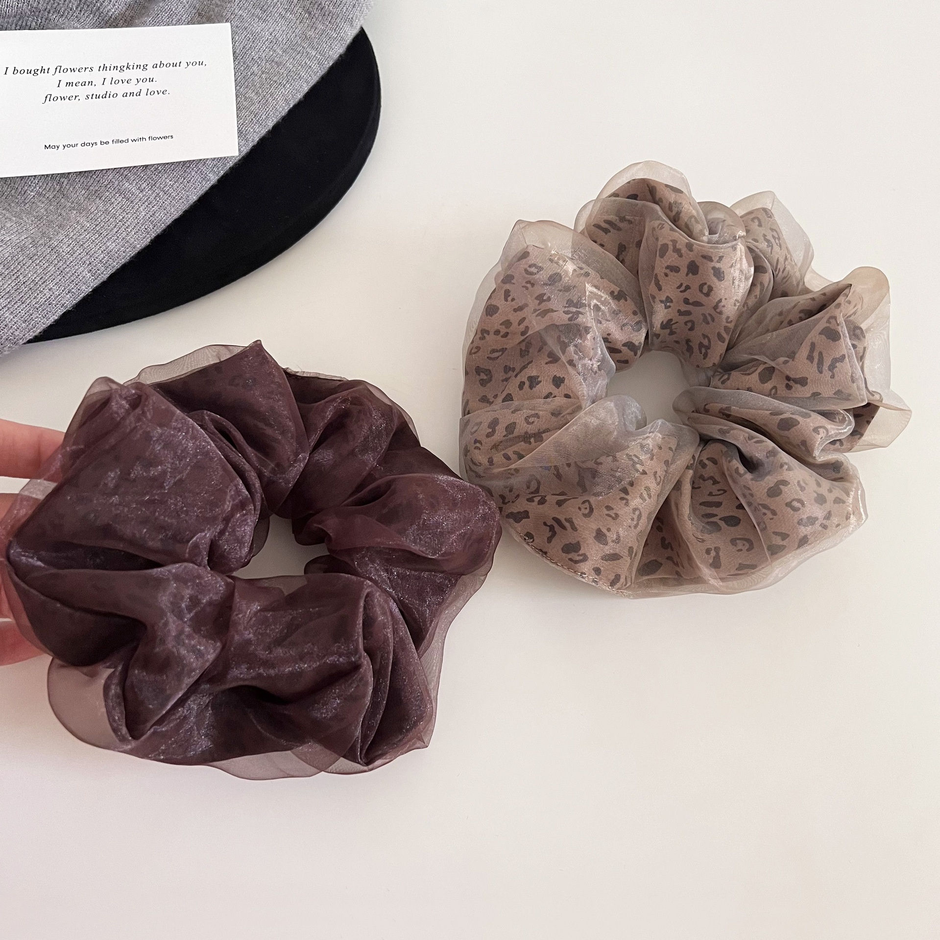 Women's Elegant Mesh Low Bun Hair Tie Accessory Coffee Leopard Print