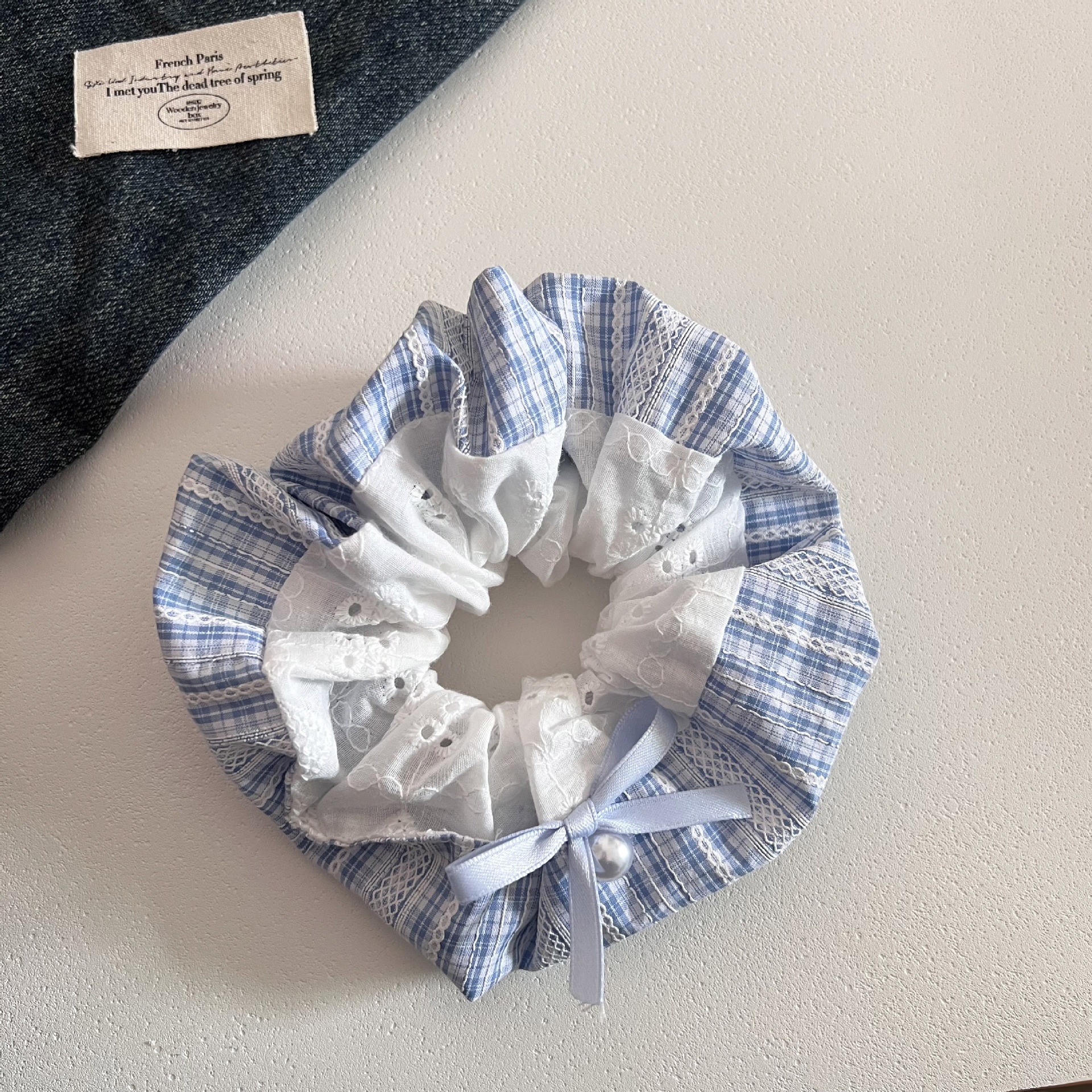 Women's Elastic Fabric Bow Ballet Ponytail Holder Light Blue Plaid