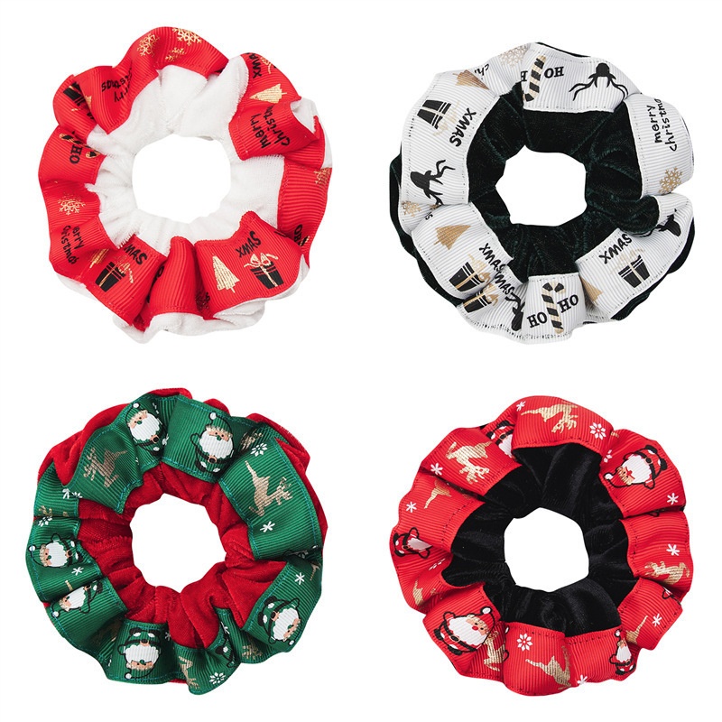 Women's Cute Cloth Christmas Hair Ties Red Green Santa Reindeer Pattern