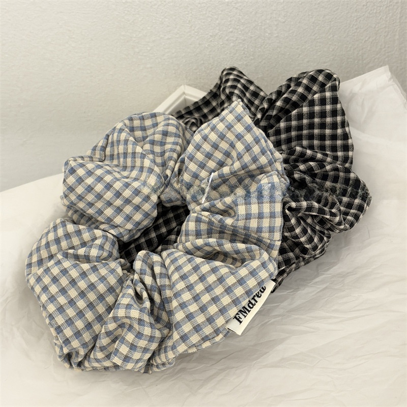Women's Spring Retro Cloth Hair Tie Scrunchie Blue Black Plaid