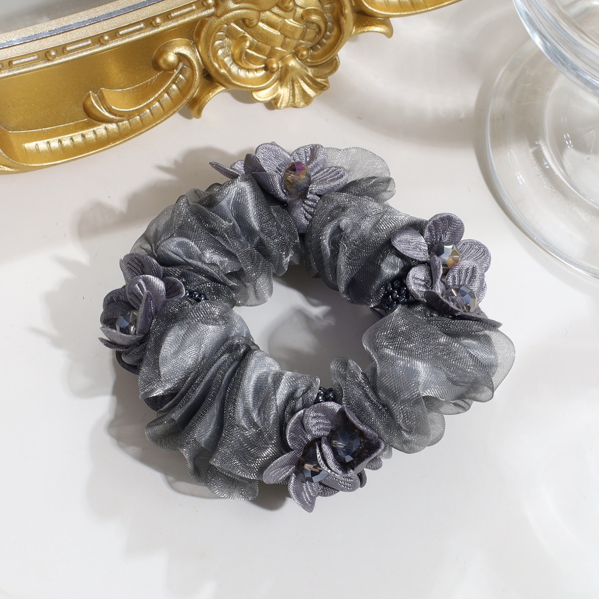 Women's Elegant Organza Hair Tie With Pearl Rhinestone Flower Tassel