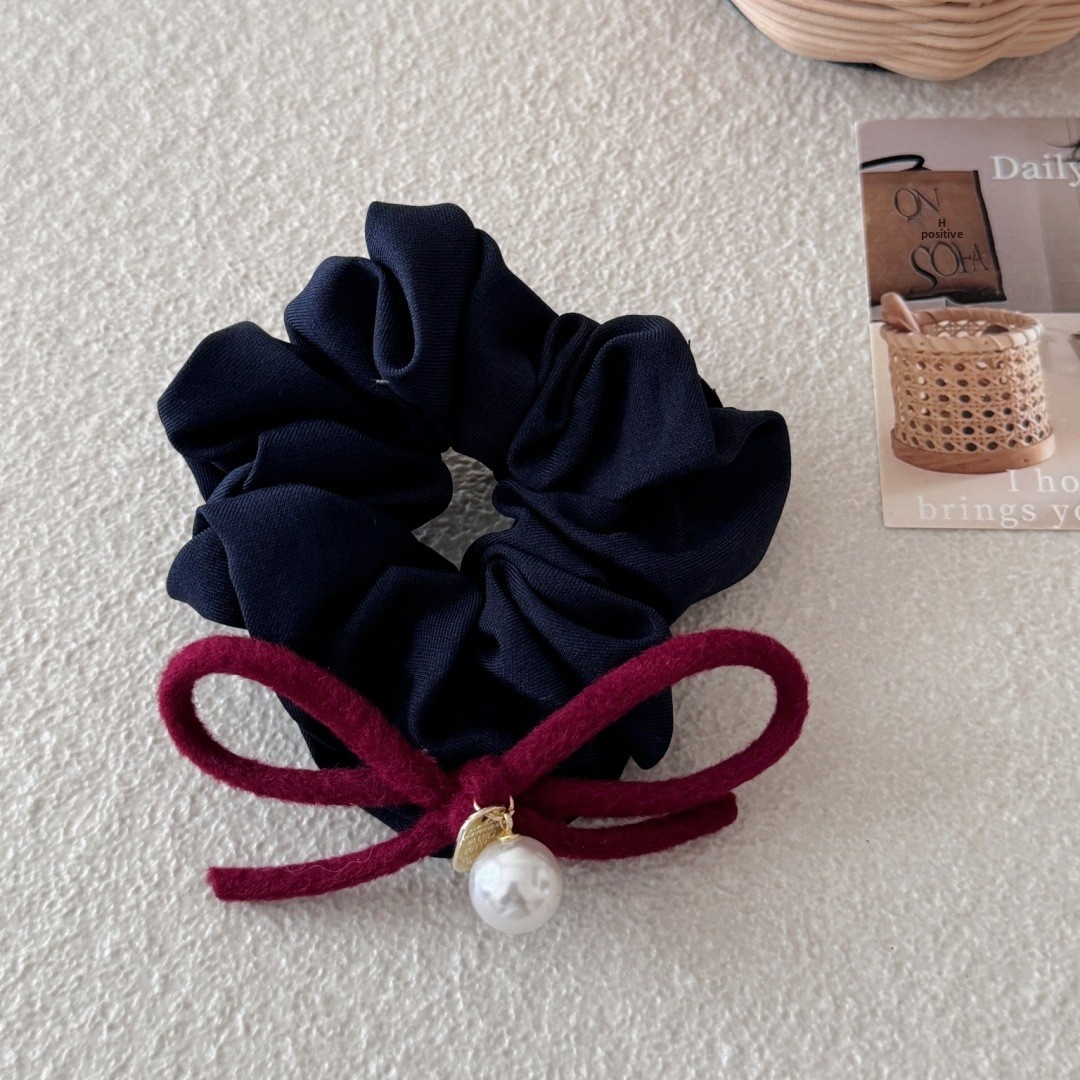 Women's Elegant Large Bow Hair Tie with Pearl Pendant Fabric Butterfly Knot