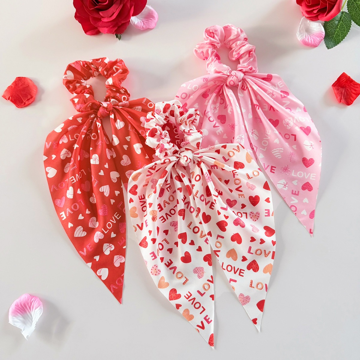 Women's Fabric Bow Hair Tie Ponytail Holder Valentine Heart Lip Print