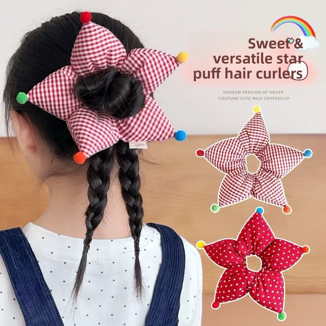 Girls Soft Cloth Bubble Braid Hair Tie Daily Wear Red Pentagram Pattern