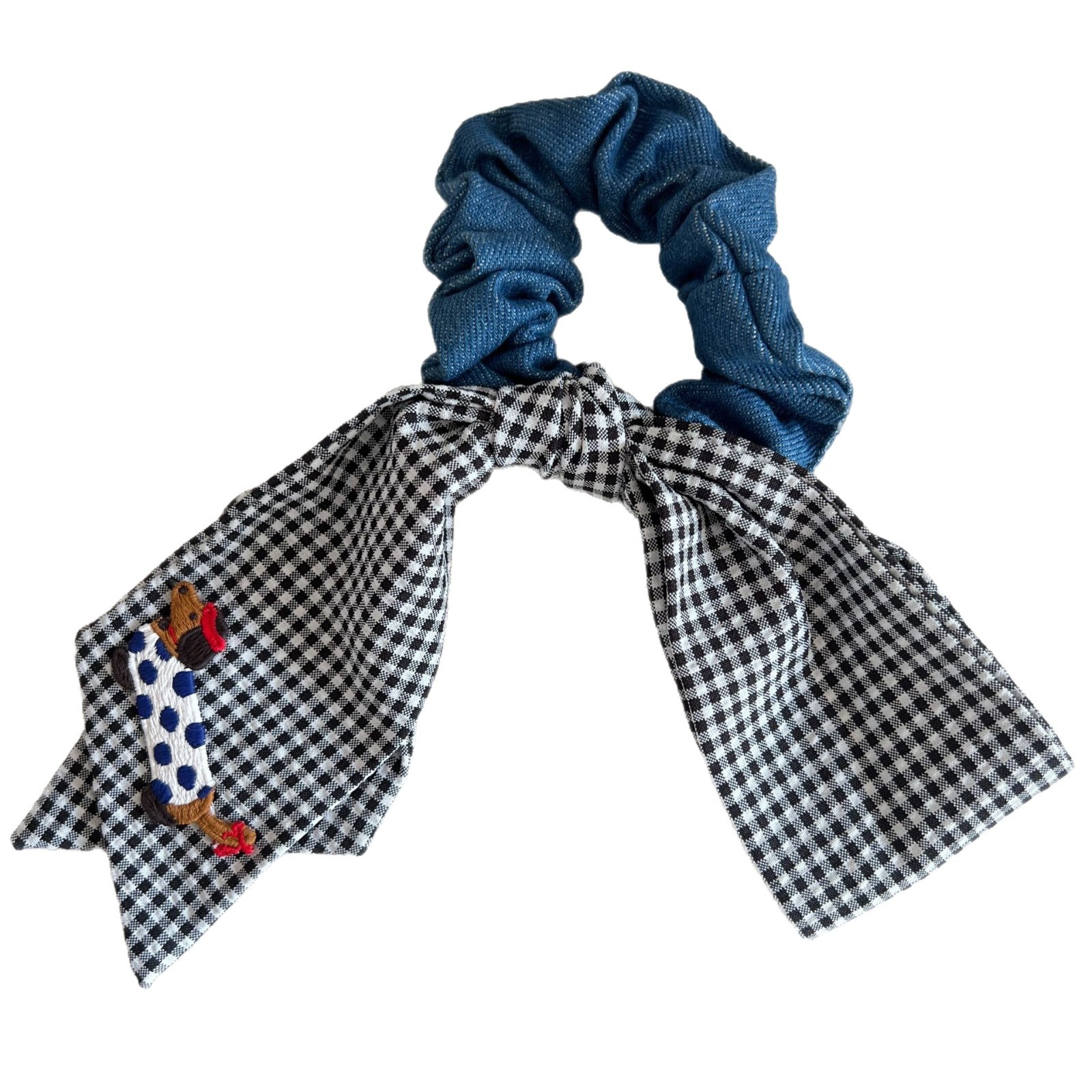 Women's Fabric Bow Tie Hair Scrunchie Plaid Sausage Dog Print