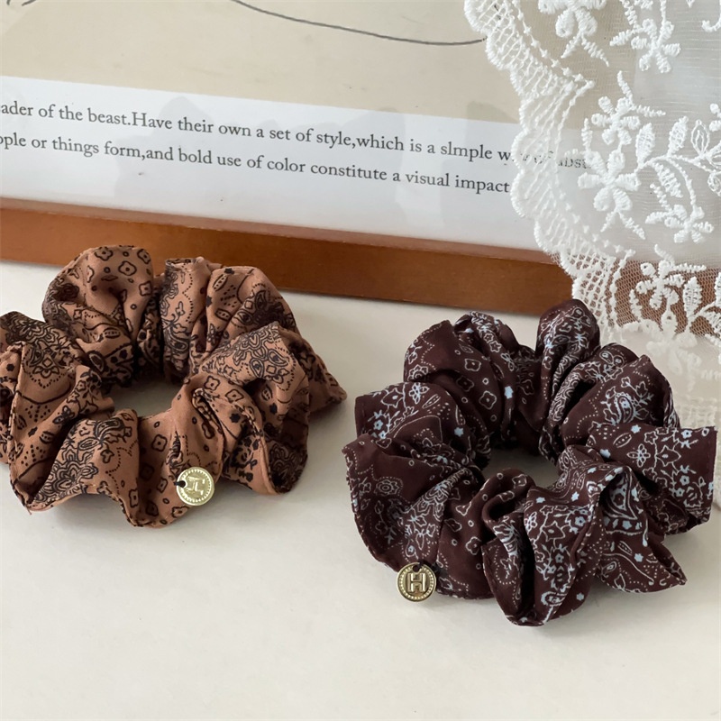Women's Versatile Cloth Elastic Hair Bands Brown Almond Floral Print