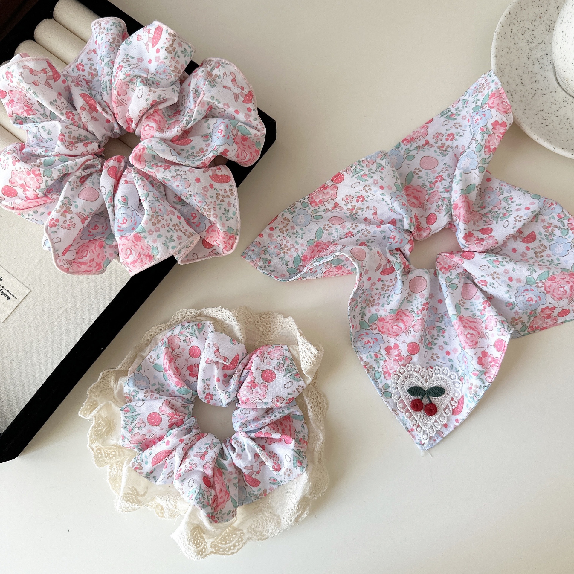 Women's Spring Summer Sweet Cloth Hair Tie Pink Cherry Floral Lace