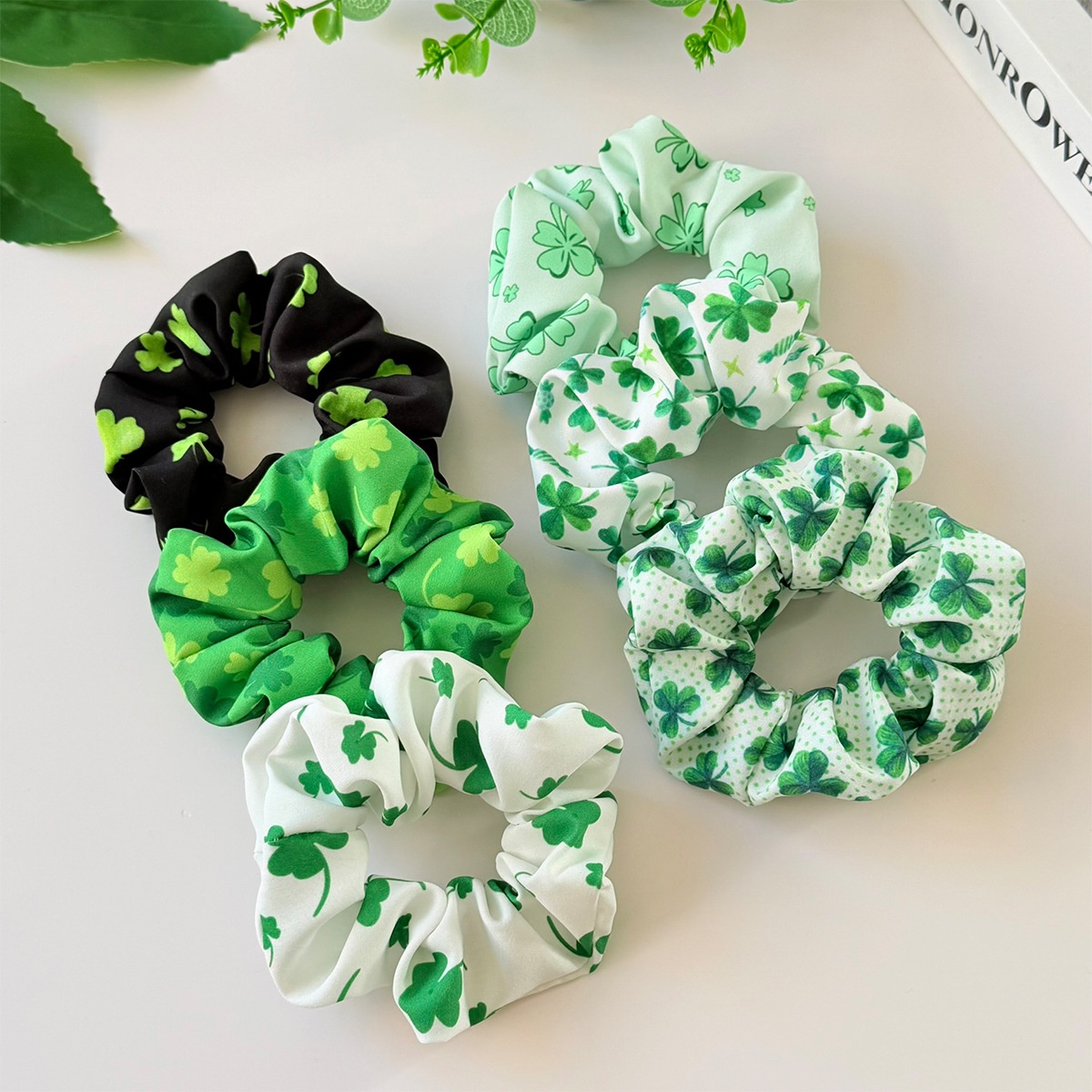 Women's Festival Party Cloth Elastic Hair Tie Green Four Leaf Clover