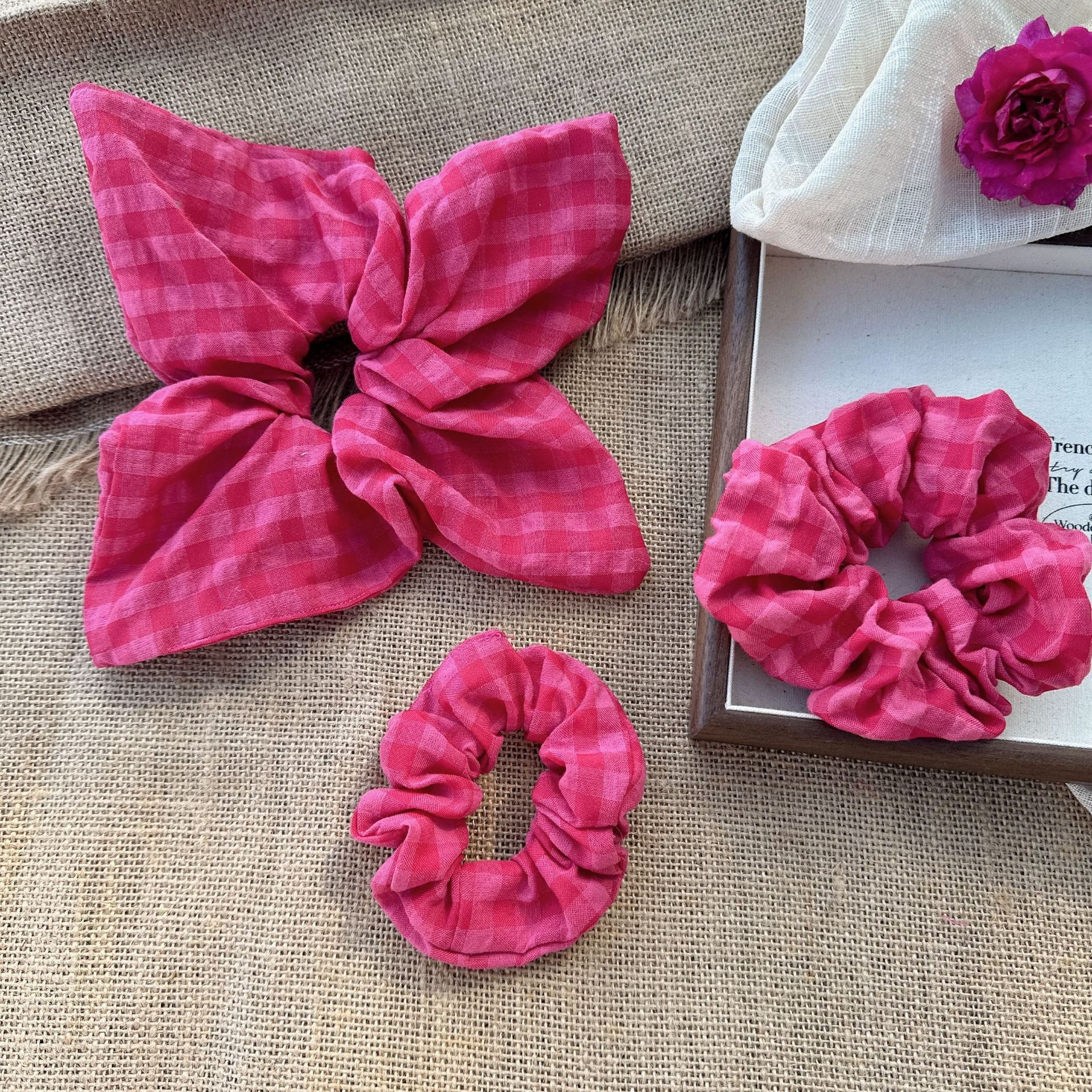 Women's Sweet Cloth Hair Tie Spring Accessories Rose Red Lattice