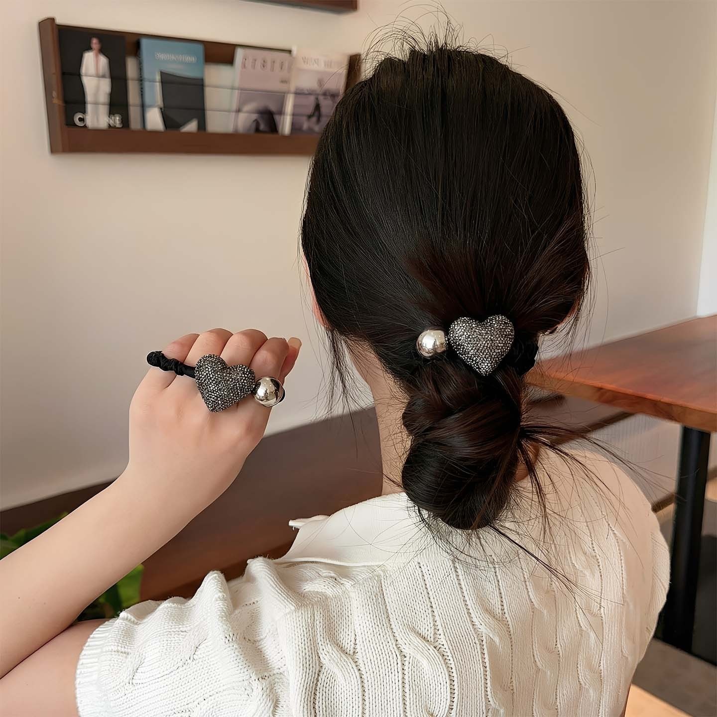 Women's Shiny Rhinestone Hair Tie Elegant Ponytail Holder Wine Red Heart