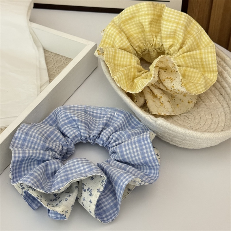 Women's Everyday Cloth Hair Scrunchie Blue Yellow Ditsy Floral Plaid