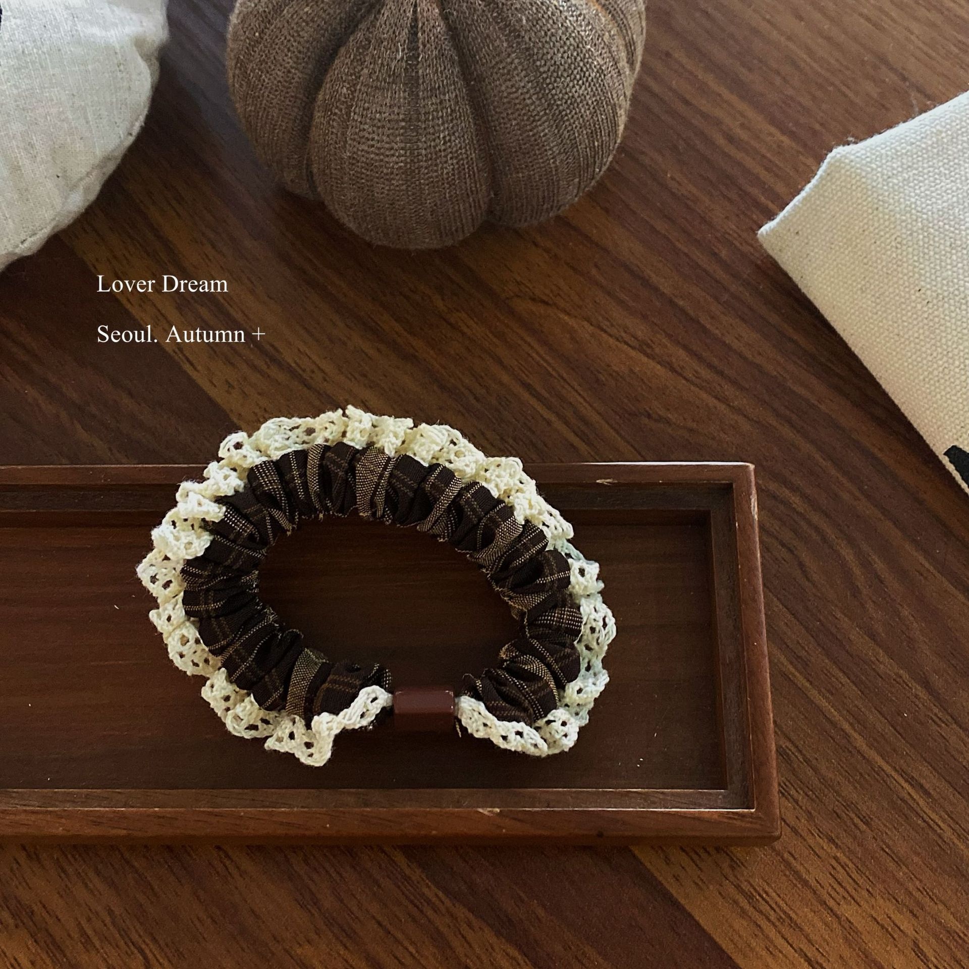 Women's High Elastic Cloth Hair Ties Autumn Winter Plaid Lace Trim