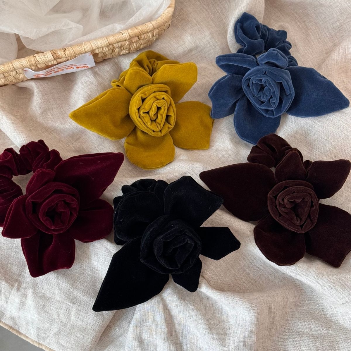 Women's Handmade Velvet Rose Elastic Hair Ties Vintage Fabric Floral Head Ropes