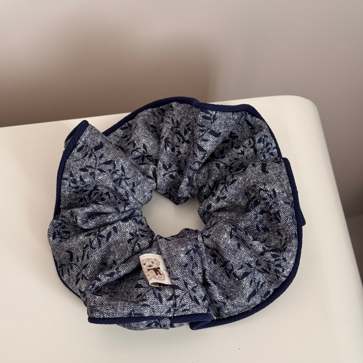 Women's French Style Cloth Spring Hair Tie Navy Blue Floral Plaid
