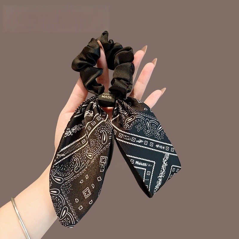 Women's French Satin Bowknot Hair Tie Spring Accessory White Black Print