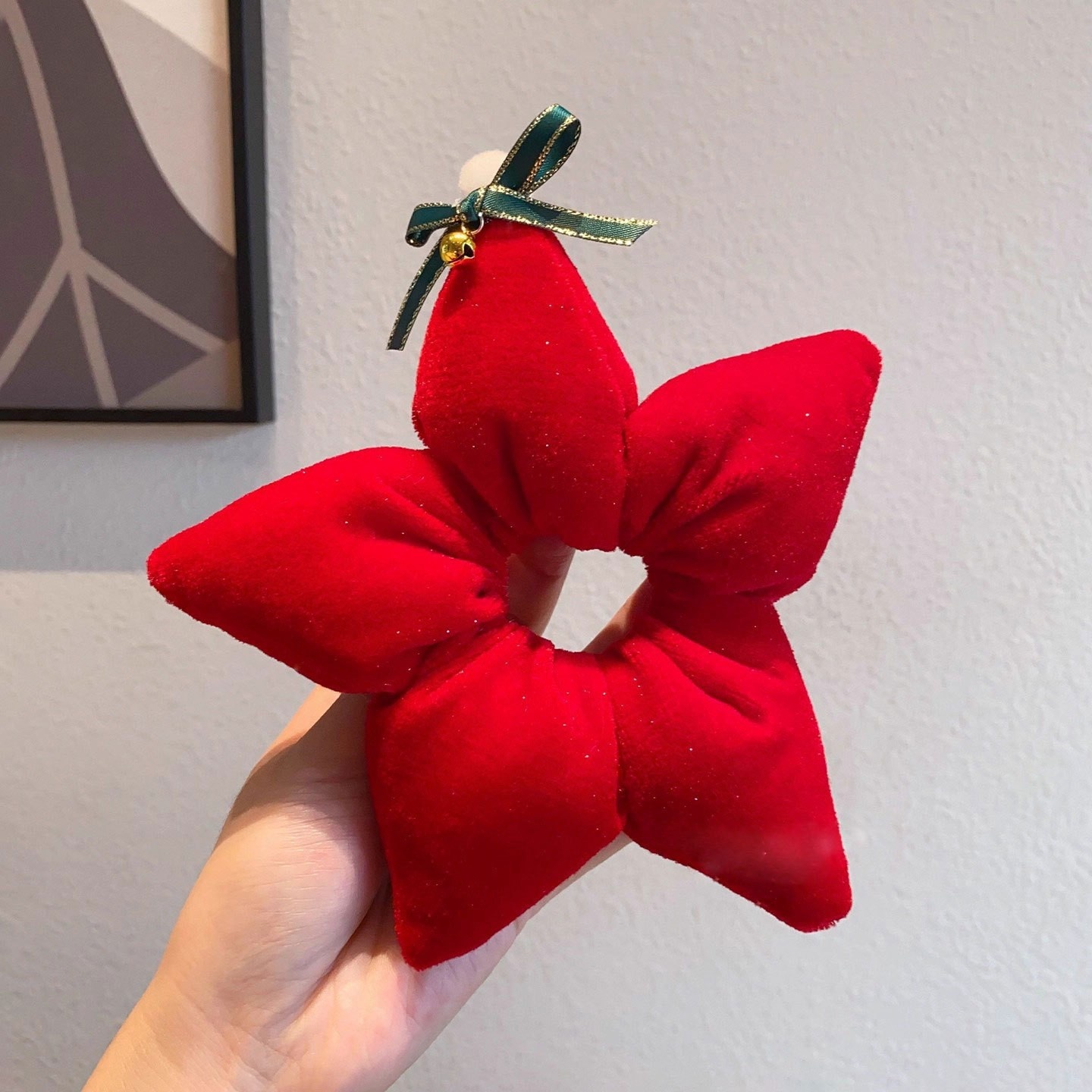 Women's Festive Cloth Scrunchie Hair Tie Red Star Christmas Tree