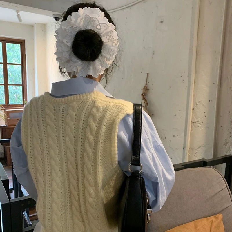 Women's Ballet Cloth Scrunchie Gentle Half Tie Hair Rope Lace Large Bow