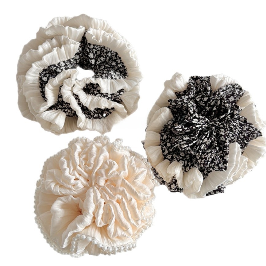 Women's Spring Pearl Trim Cloth Hair Scrunchie Beige Black Ditsy Floral