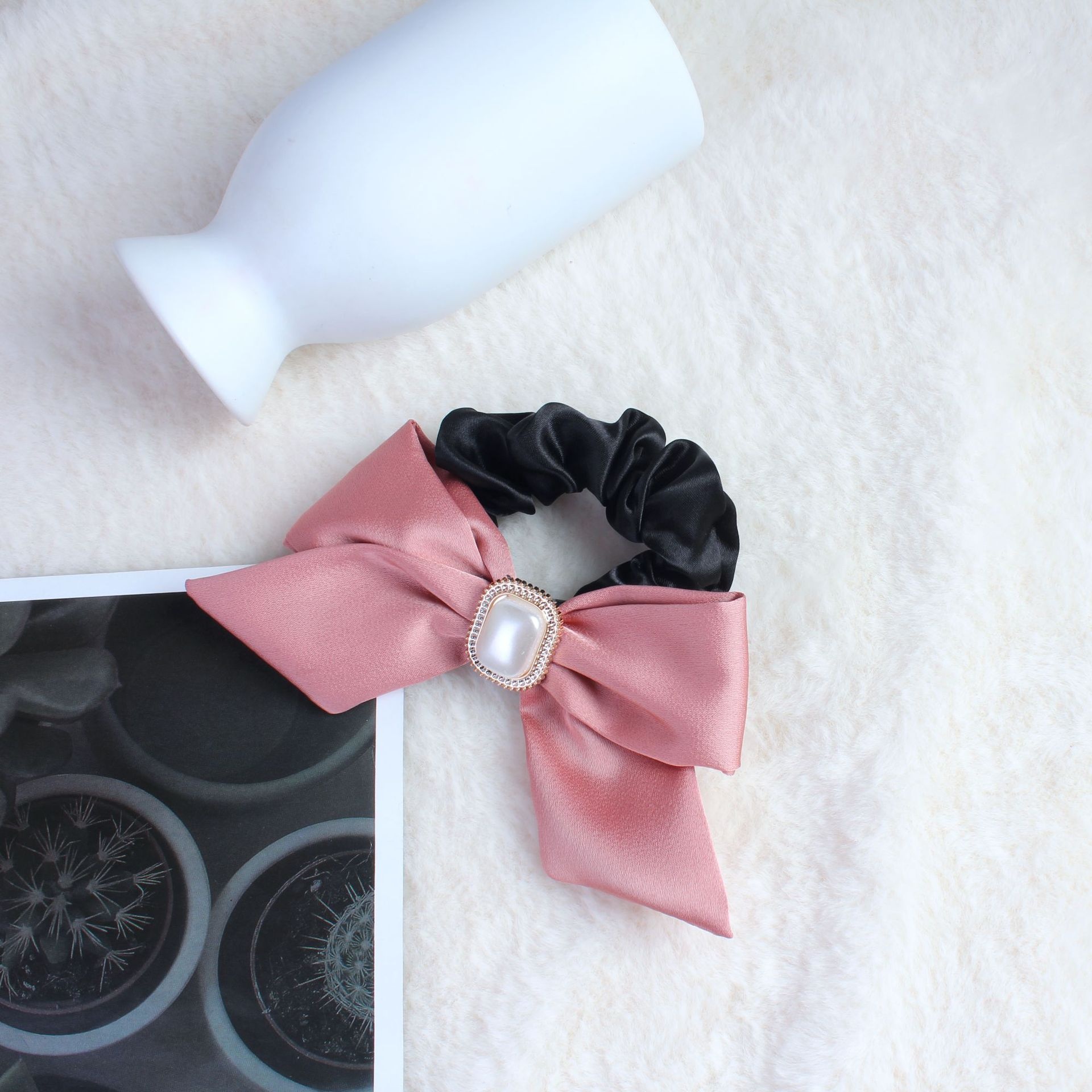Women's Satin Pearl Bow Hair Tie, French Lolita Style Hair Accessory