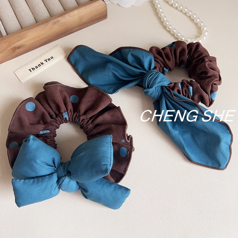 Women's Sweet Fabric Sponge Butterfly Bow Hair Tie Blue Polka Dot