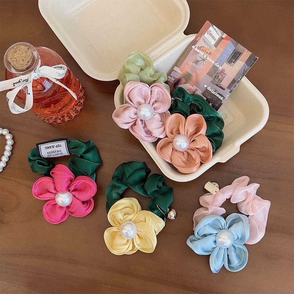 Women's Retro Satin Pearl Elastic Ponytail Holder Summer Floral Hairband
