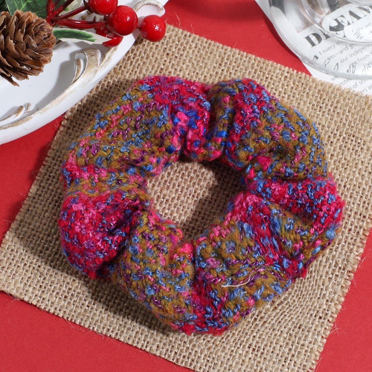 Women's Autumn Winter Fluffy Knit Hair Scrunchie Classic Red Plaid