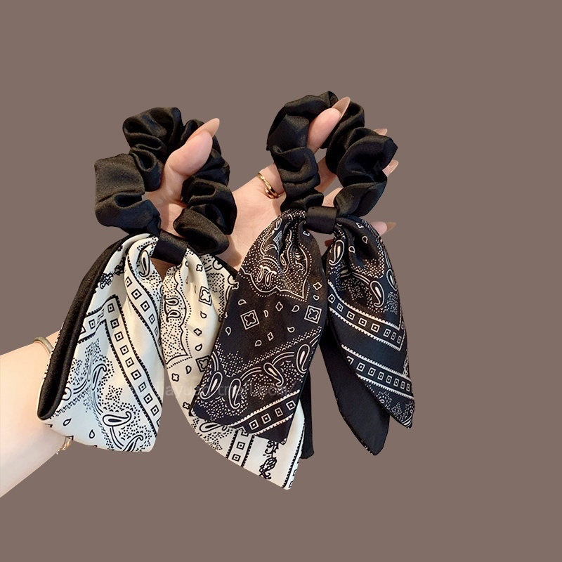 Women's French Satin Bowknot Hair Tie Spring Accessory White Black Print
