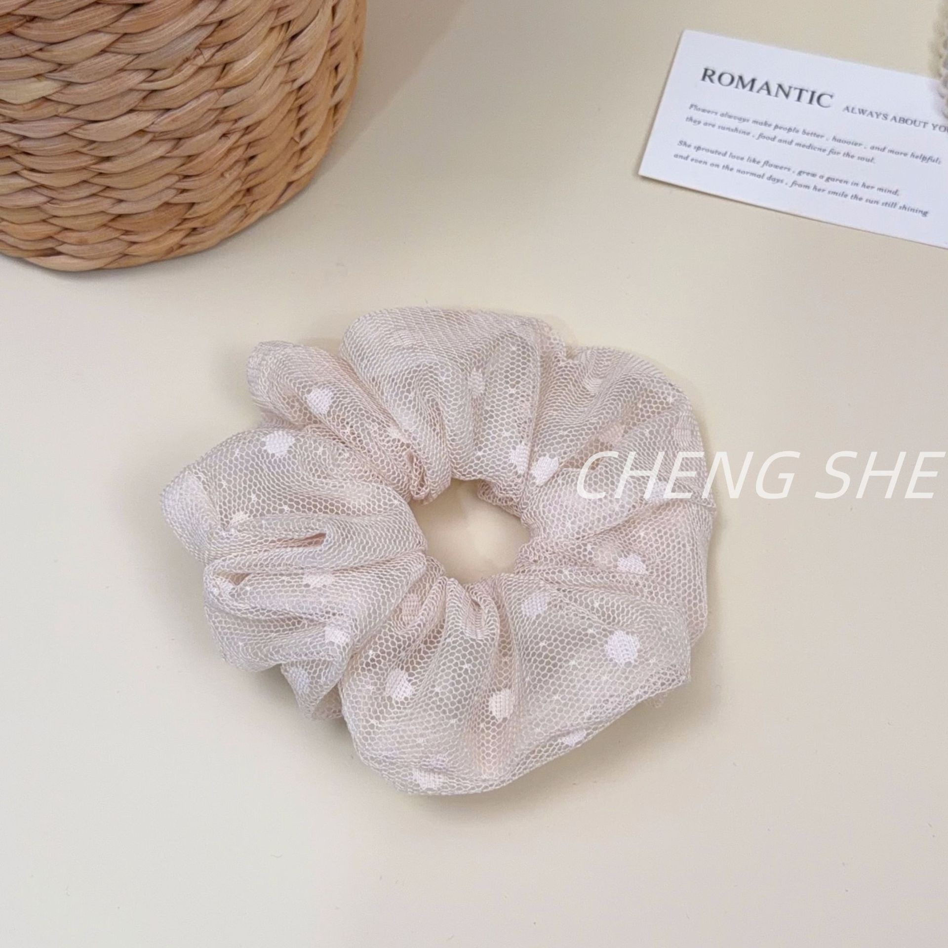 Women's Elegant Spring Soft Gauze Hair Tie Beige Polka Dots