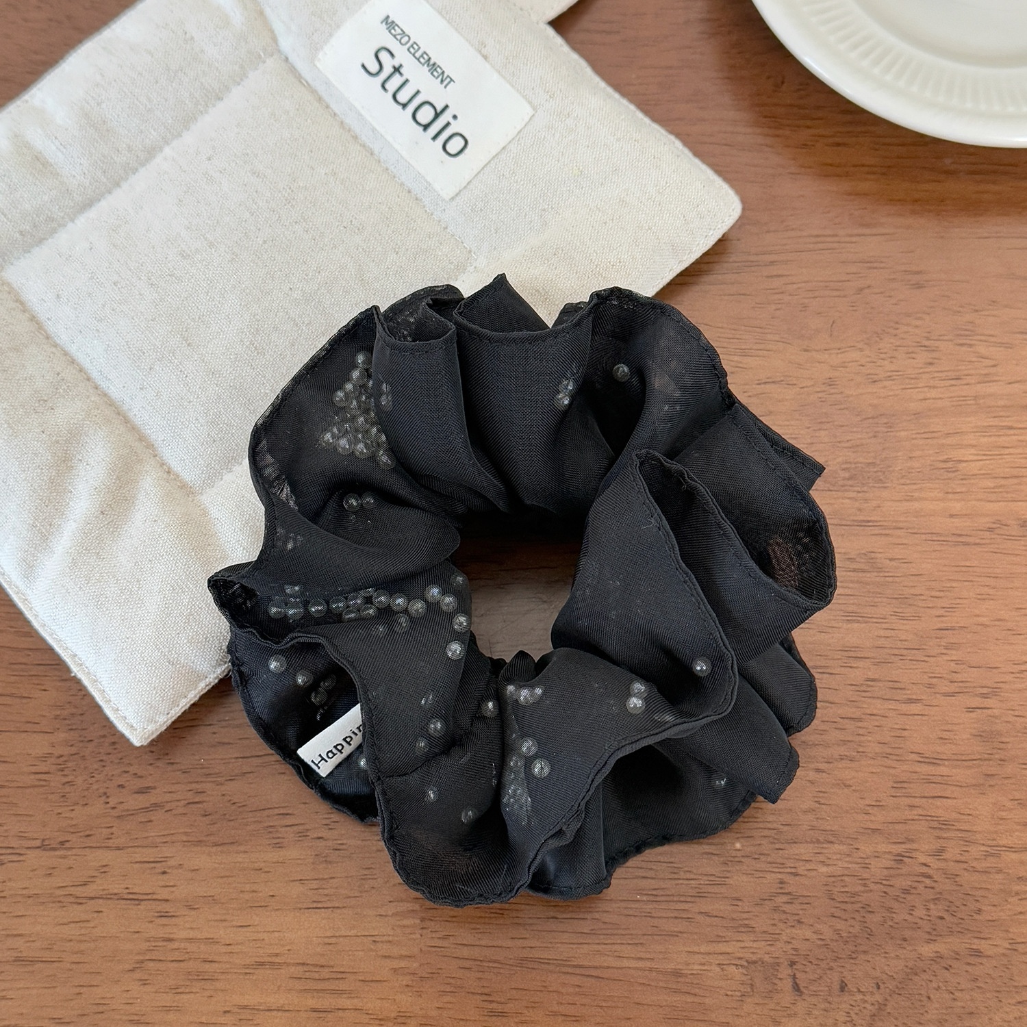 Women's Elegant Soft Gauze Pearl Hair Tie Spring Scrunchie Black