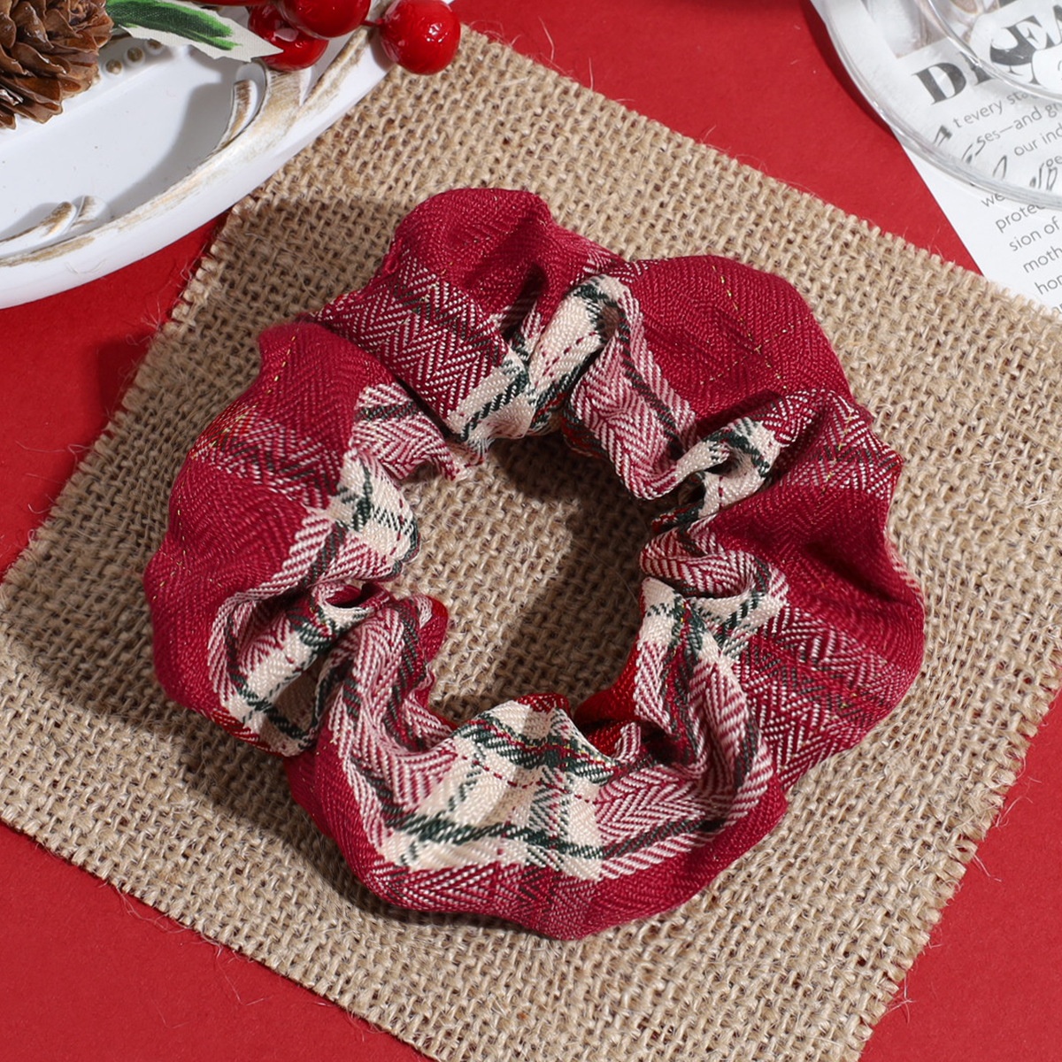 Women's Autumn Winter Fluffy Knit Hair Scrunchie Classic Red Plaid