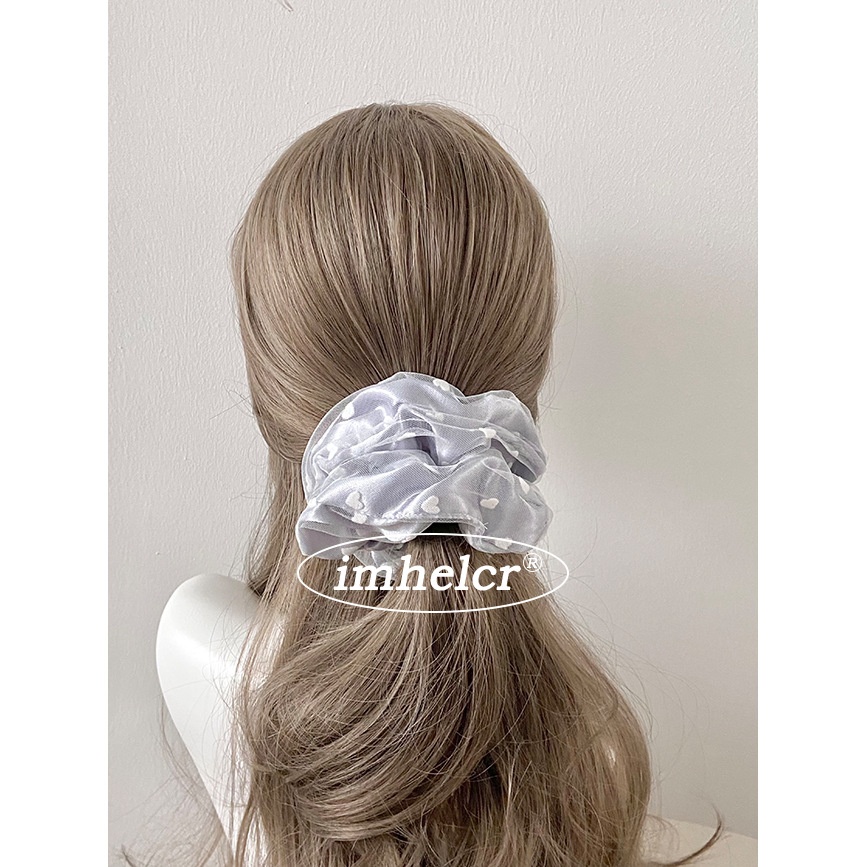 Women's Sweet Gauze Hair Tie Flocking Heart Shape White Pink Blue Black