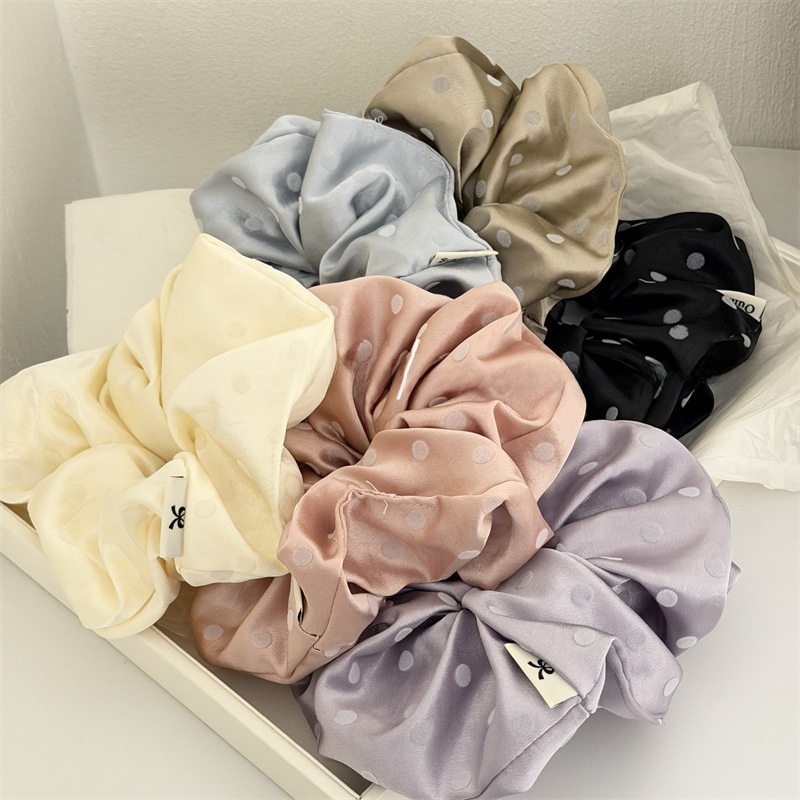 Women's Spring Flocking Satin Hair Tie Scrunchie Black Polka Dots
