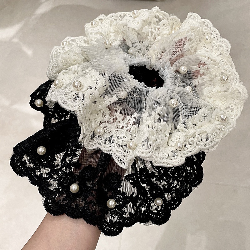 Women's Pearl Lace Ruffle Low Bun Scrunchies Ocean Rose Pattern
