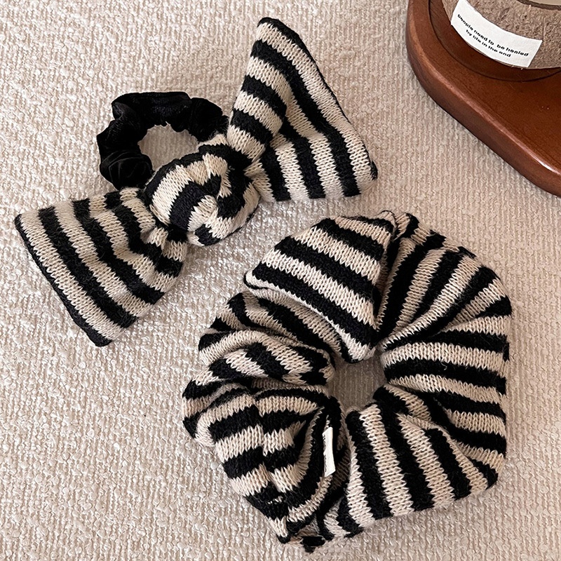 Women's Cozy Autumn Winter Knit Hair Tie Black And White Striped
