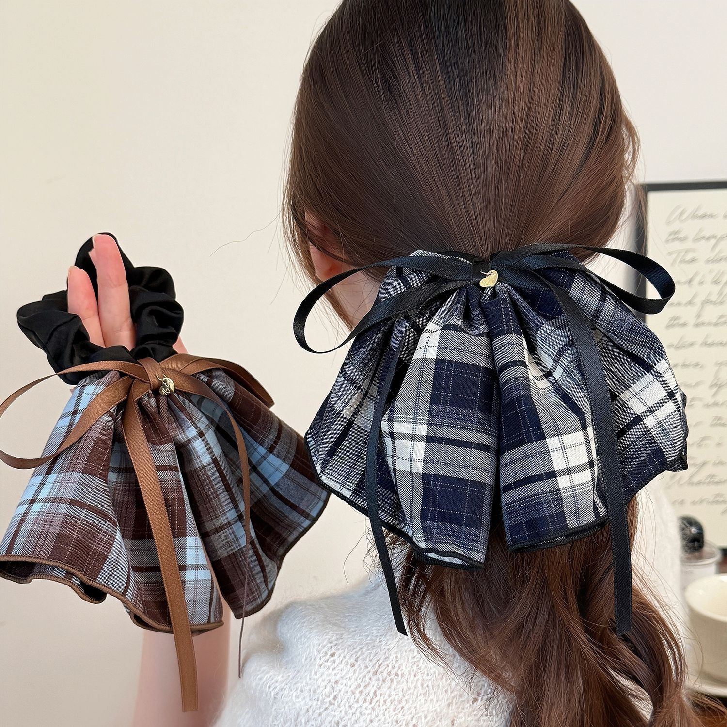 Women's Everyday Cloth Bow Tie Hair Scrunchies Coffee Black Plaid