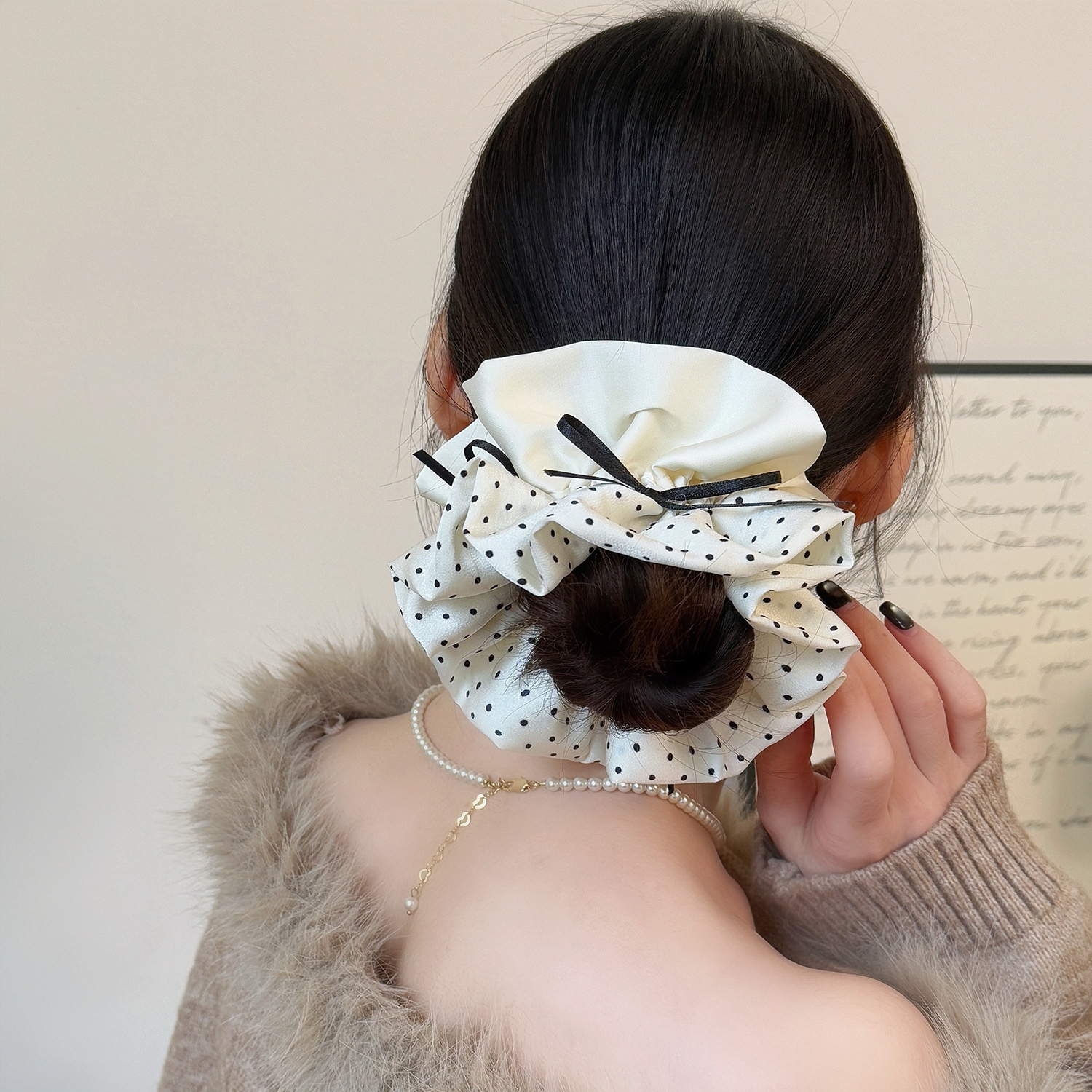 Women's Spring Korean Cloth Bowknot Hair Tie Black Polka Dots