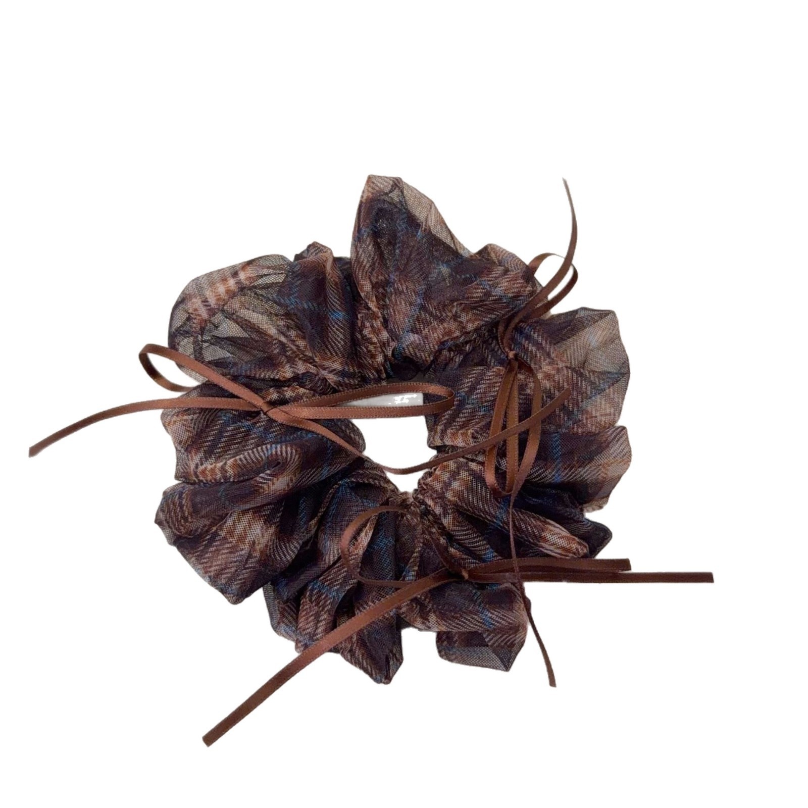 Women's Preppy Organza Bowknot Scrunchie Coffee Plaid Hair Tie