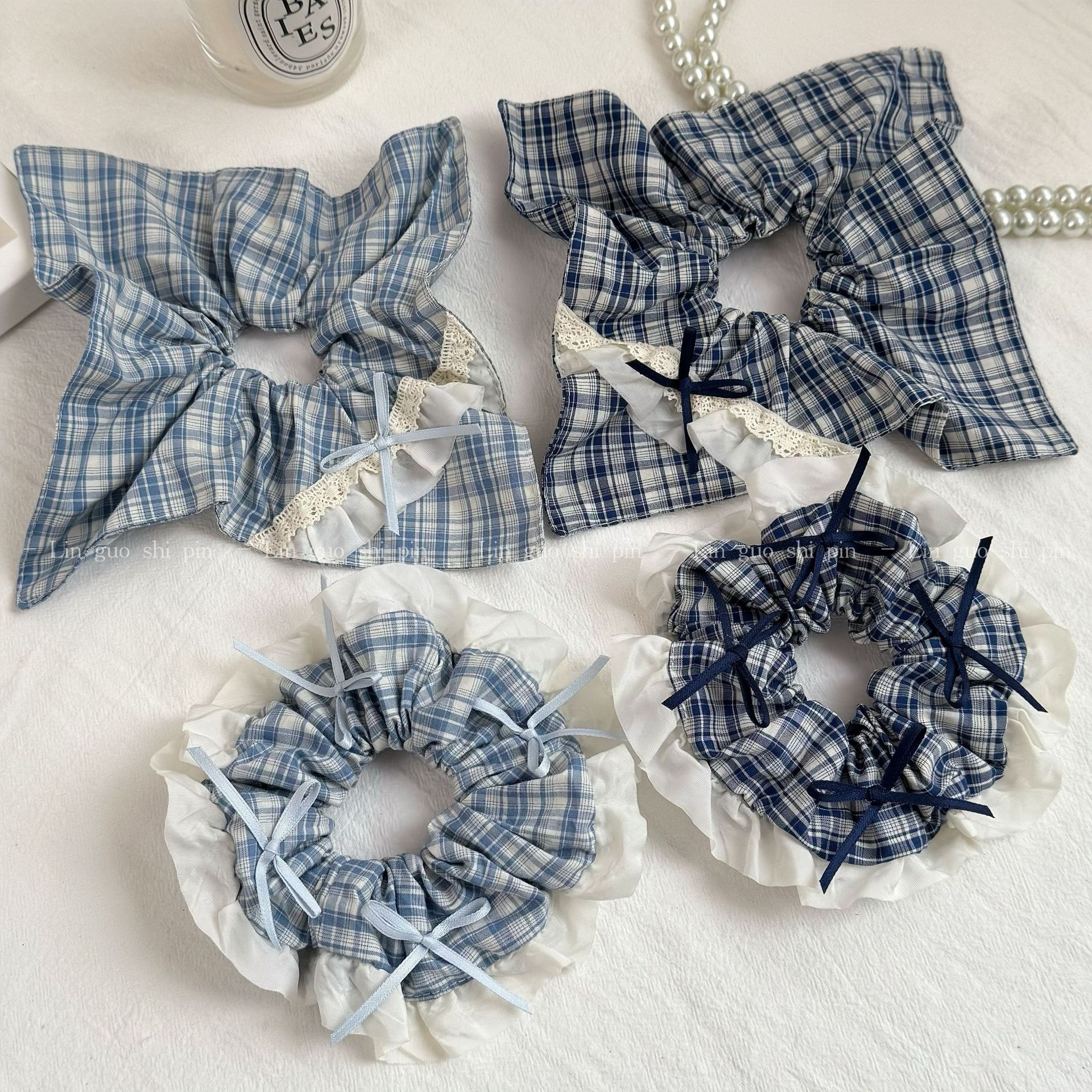 Women's All-Season Preppy Cloth Bowknot Hair Tie Blue Plaid Lace