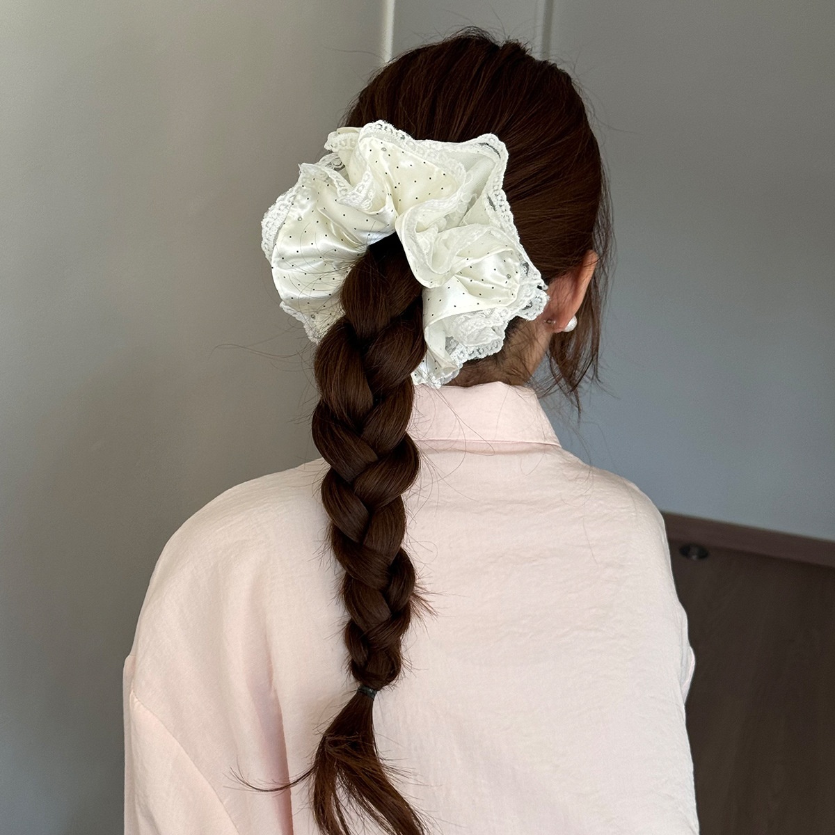 Women's Sweet Spring Satin Lace Hair Tie Scrunchie Beige Polka Dots